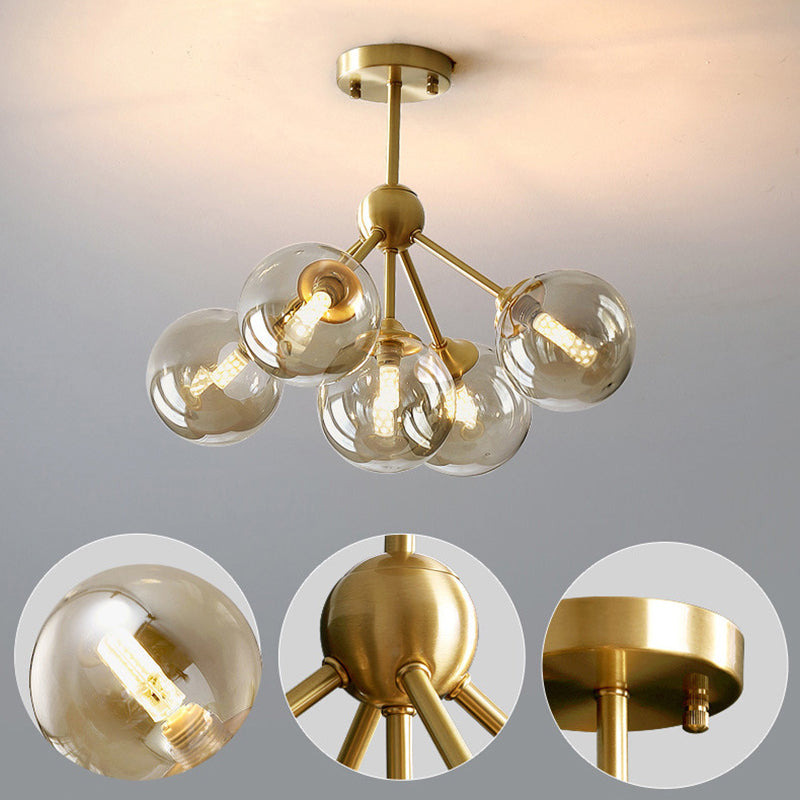 Contemporary Scandinavian Brass Glass Branching Globe 3/5 Lights Semi-Flush Mount Ceiling Light For Bedroom And Living Room