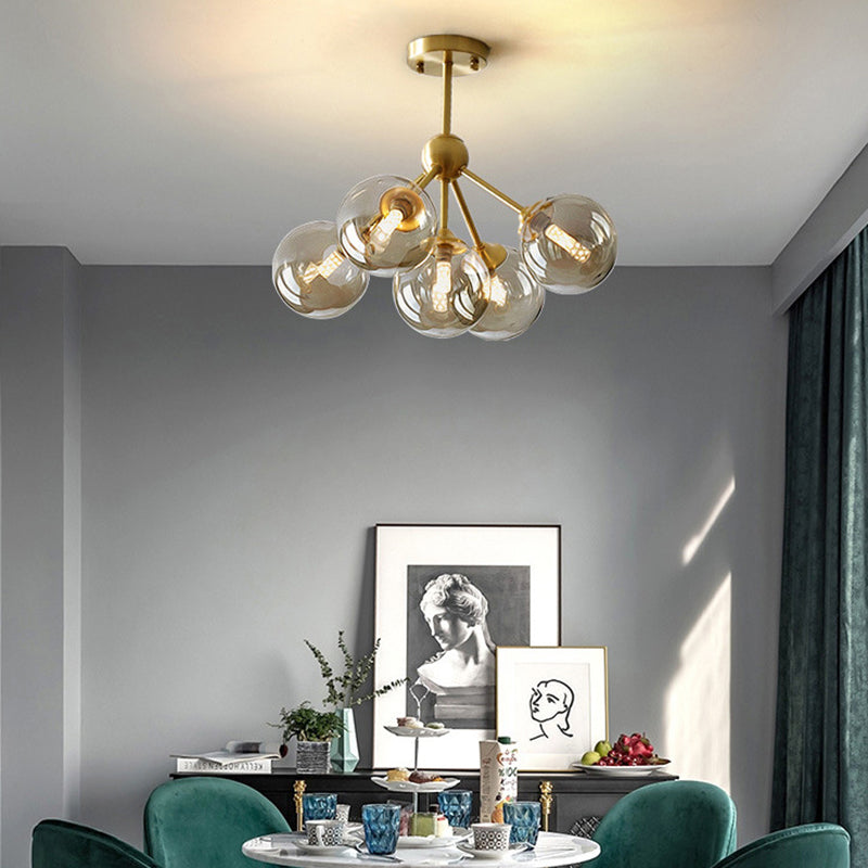 Contemporary Scandinavian Brass Glass Branching Globe 3/5 Lights Semi-Flush Mount Ceiling Light For Bedroom And Living Room