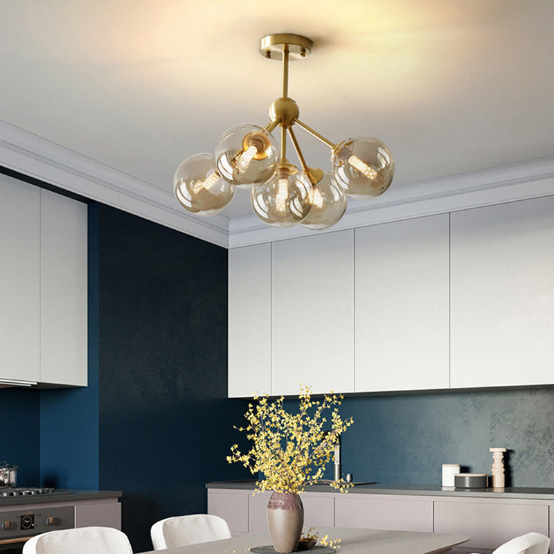 Contemporary Scandinavian Brass Glass Branching Globe 3/5 Lights Semi-Flush Mount Ceiling Light For Bedroom And Living Room