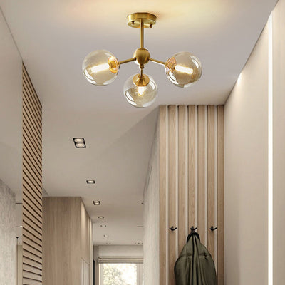 Contemporary Scandinavian Brass Glass Branching Globe 3/5 Lights Semi-Flush Mount Ceiling Light For Bedroom And Living Room