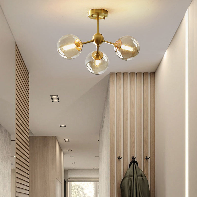 Contemporary Scandinavian Brass Glass Branching Globe 3/5 Lights Semi-Flush Mount Ceiling Light For Bedroom And Living Room
