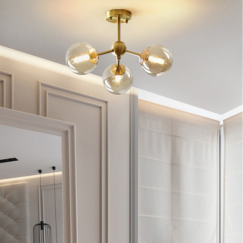 Contemporary Scandinavian Brass Glass Branching Globe 3/5 Lights Semi-Flush Mount Ceiling Light For Bedroom And Living Room