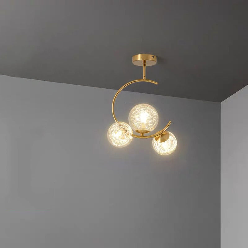 Contemporary Scandinavian Glass Aluminum Iron Curved Globe 2/3/6 Lights Semi-Flush Mount Ceiling Light For Bedroom And Living Room