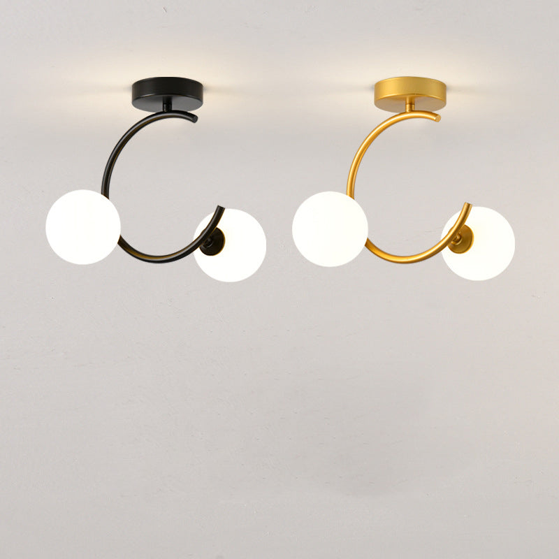 Contemporary Creative Glass Iron Curved Globe 2-Light Semi-Flush Mount Ceiling Light For Bedroom And Living Room