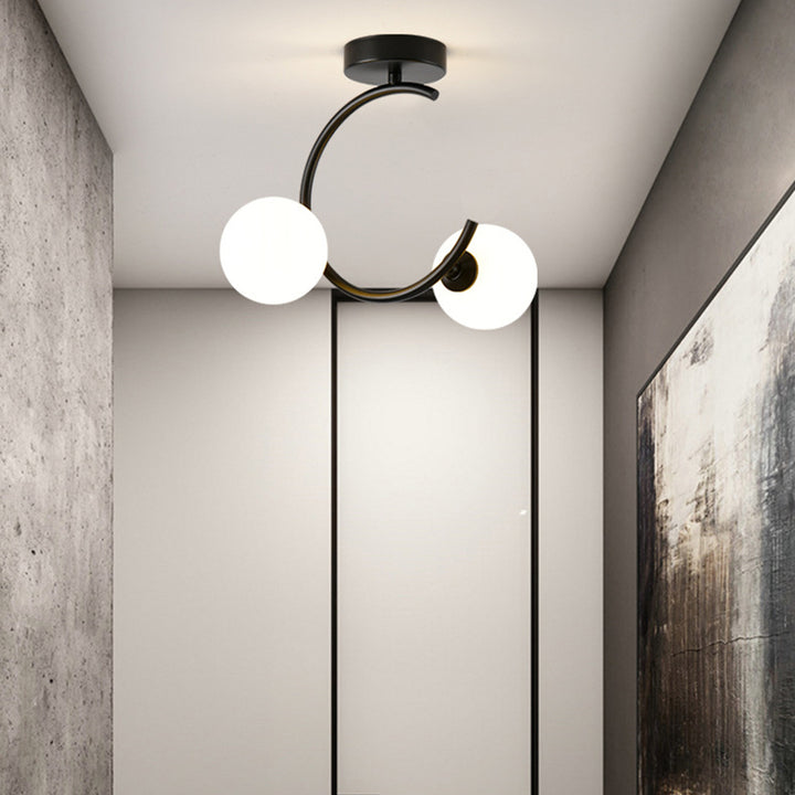 Plafonnier semi-encastré à 2 lumières avec globe incurvé en fer et verre créatif contemporain pour chambre et salon 