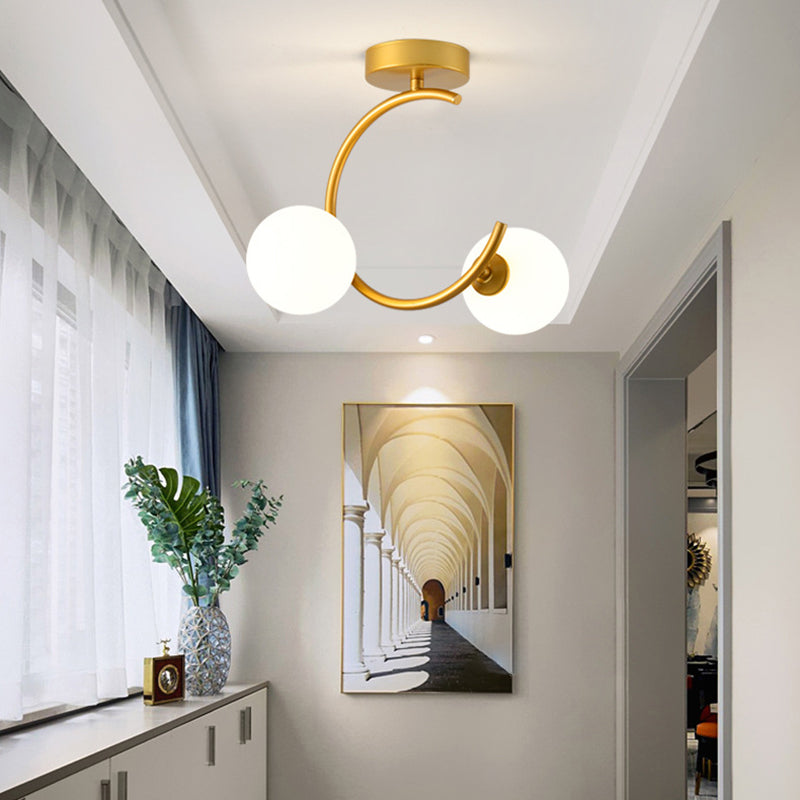 Contemporary Creative Glass Iron Curved Globe 2-Light Semi-Flush Mount Ceiling Light For Bedroom And Living Room