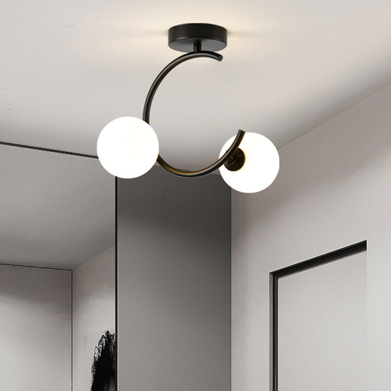Contemporary Creative Glass Iron Curved Globe 2-Light Semi-Flush Mount Ceiling Light For Bedroom And Living Room
