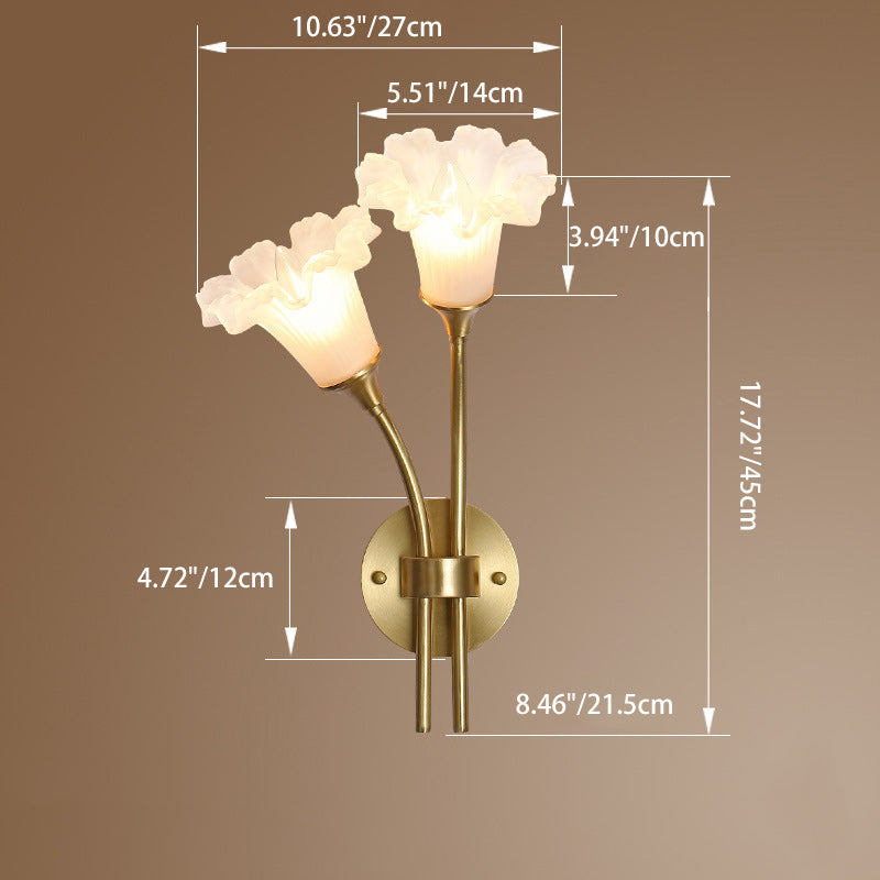 Traditional French Glass Brass Floral Round 2-Light Wall Sconce Lamp For Bedroom & Living Room