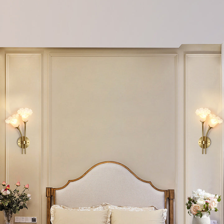 Traditional French Glass Brass Floral Round 2-Light Wall Sconce Lamp For Bedroom & Living Room