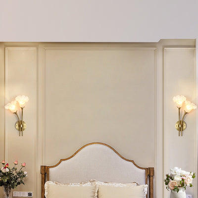 Traditional French Glass Brass Floral Round 2-Light Wall Sconce Lamp For Bedroom & Living Room