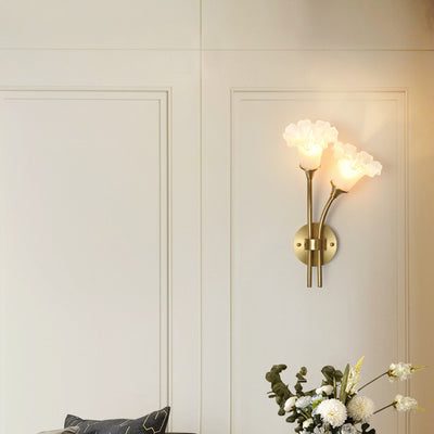 Traditional French Glass Brass Floral Round 2-Light Wall Sconce Lamp For Bedroom & Living Room