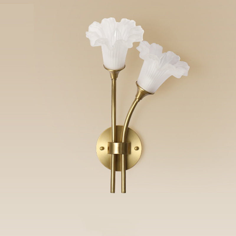 Traditional French Glass Brass Floral Round 2-Light Wall Sconce Lamp For Bedroom & Living Room