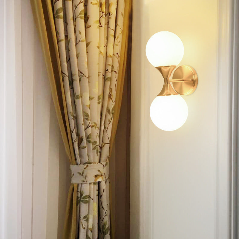 Modern Luxury Glass Brass Globe Round 2-Light Wall Sconce Lamp For Bedroom & Living Room