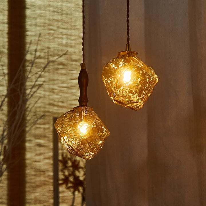 Contemporary Creative Glass Wood Iron Irregular Stone 1-Light Pendant Light For Bedroom &amp; Living Room