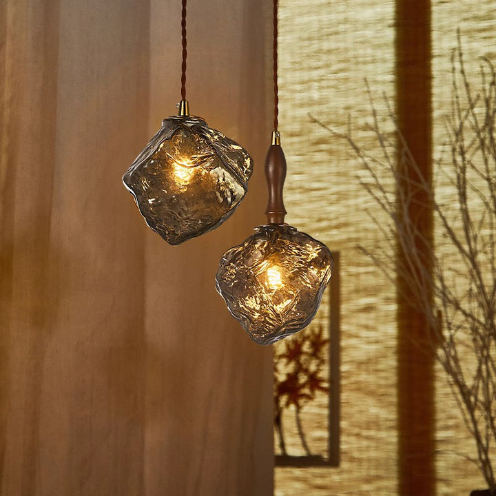 Contemporary Creative Glass Wood Iron Irregular Stone 1-Light Pendant Light For Bedroom &amp; Living Room