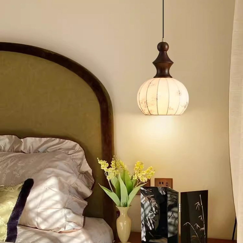 Traditional Vintage Silk Fabric Solid Wood Metal Round Pendant Light 1-Light For Bedroom &amp; Living Room