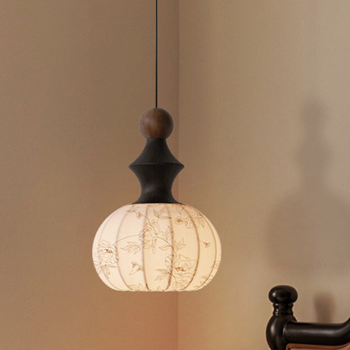 Traditional Vintage Silk Fabric Solid Wood Metal Round Pendant Light 1-Light For Bedroom &amp; Living Room