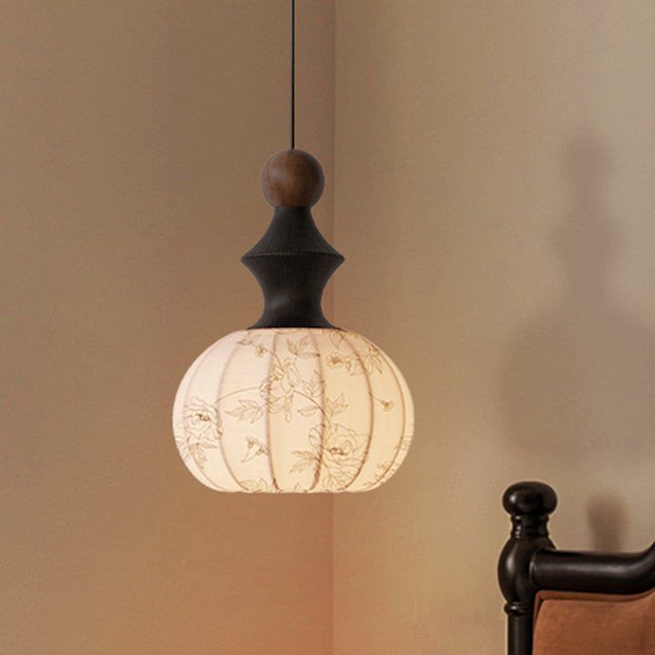 Traditional Vintage Silk Fabric Solid Wood Metal Round Pendant Light 1-Light For Bedroom &amp; Living Room