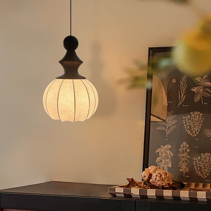 Traditional Vintage Silk Fabric Solid Wood Metal Round Pendant Light 1-Light For Bedroom &amp; Living Room