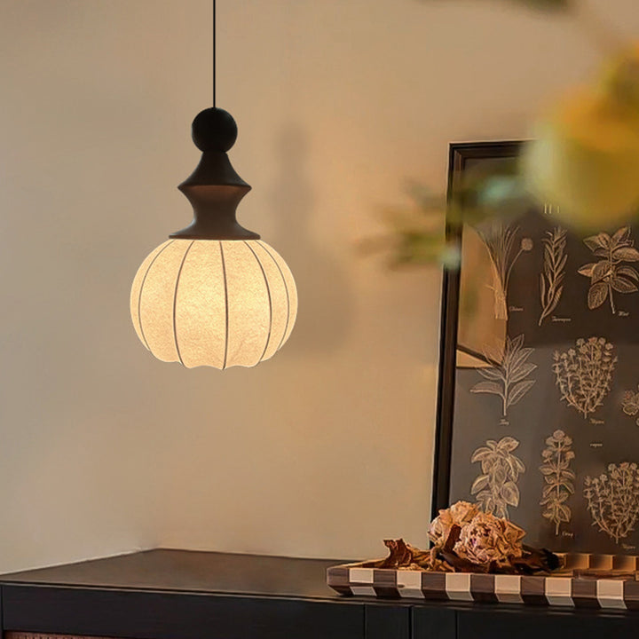 Traditional Vintage Silk Fabric Solid Wood Metal Round Pendant Light 1-Light For Bedroom &amp; Living Room