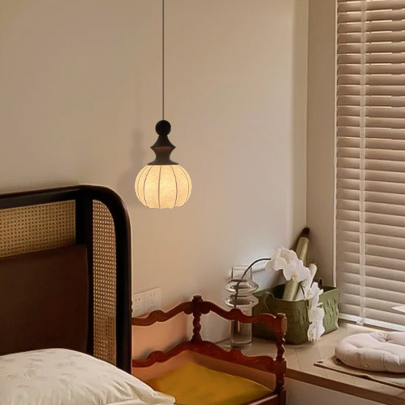 Traditional Vintage Silk Fabric Solid Wood Metal Round Pendant Light 1-Light For Bedroom &amp; Living Room
