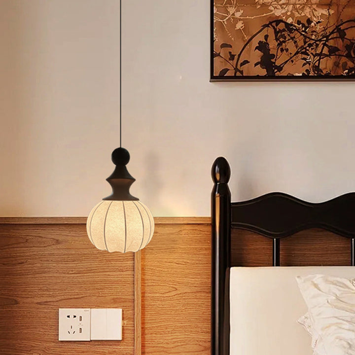 Traditional Vintage Silk Fabric Solid Wood Metal Round Pendant Light 1-Light For Bedroom &amp; Living Room