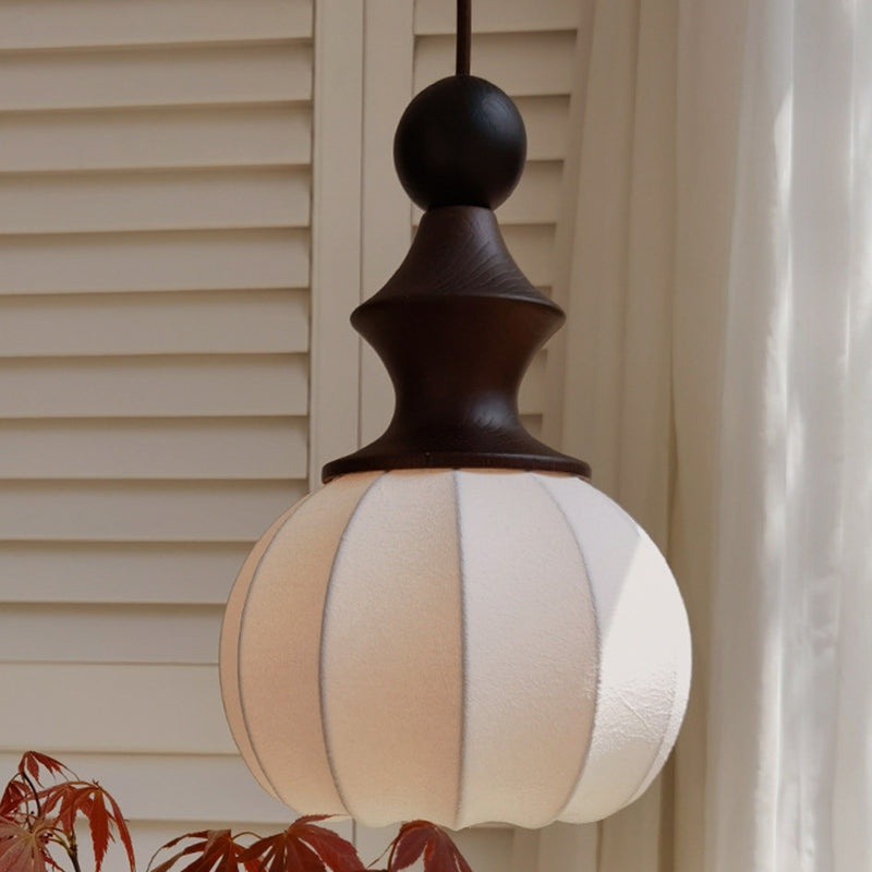 Traditional Vintage Silk Fabric Solid Wood Metal Round Pendant Light 1-Light For Bedroom &amp; Living Room