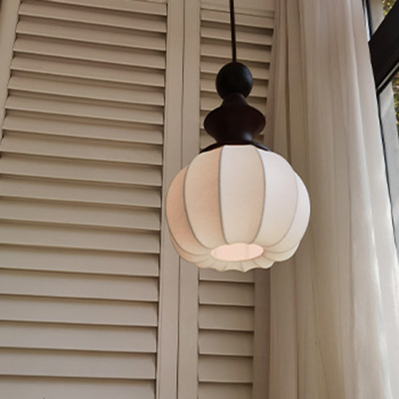Traditional Vintage Silk Fabric Solid Wood Metal Round Pendant Light 1-Light For Bedroom &amp; Living Room
