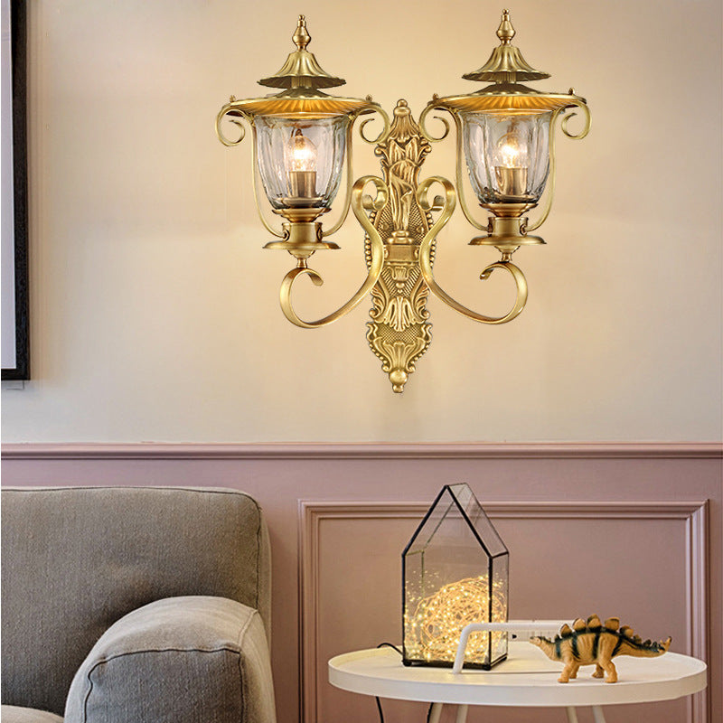 Contemporary Scandinavian Glass Brass Textured Curved Round 1/2-Light Wall Sconce Lamp For Bedroom & Living Room