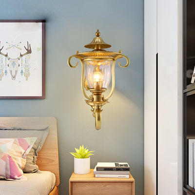 Contemporary Scandinavian Glass Brass Textured Curved Round 1/2-Light Wall Sconce Lamp For Bedroom & Living Room
