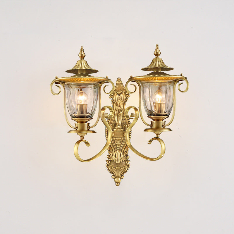 Contemporary Scandinavian Glass Brass Textured Curved Round 1/2-Light Wall Sconce Lamp For Bedroom & Living Room