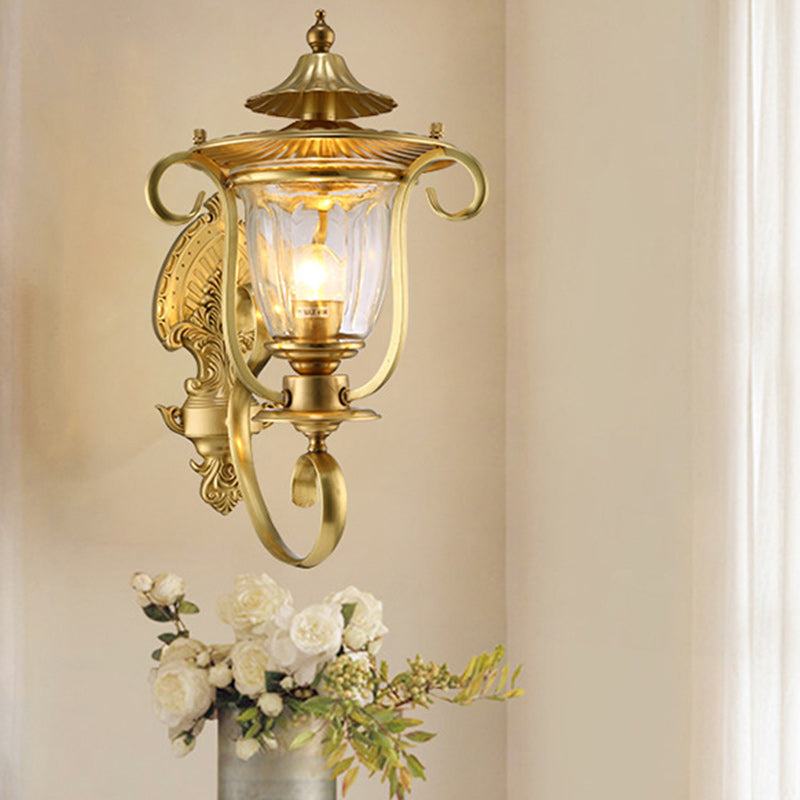 Contemporary Scandinavian Glass Brass Textured Curved Round 1/2-Light Wall Sconce Lamp For Bedroom & Living Room