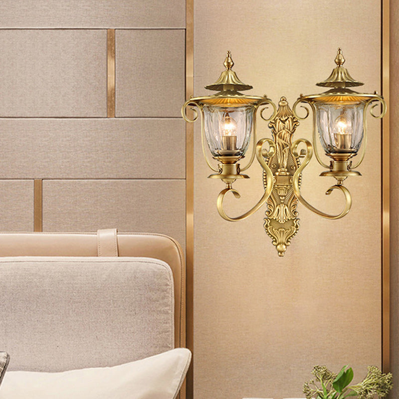 Contemporary Scandinavian Glass Brass Textured Curved Round 1/2-Light Wall Sconce Lamp For Bedroom & Living Room