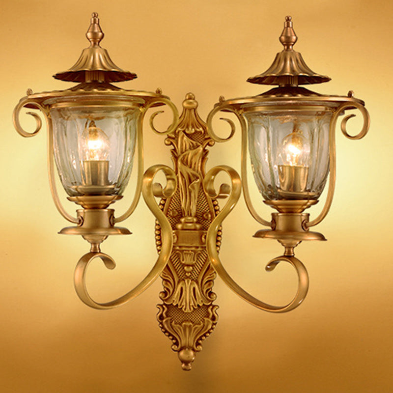 Contemporary Scandinavian Glass Brass Textured Curved Round 1/2-Light Wall Sconce Lamp For Bedroom & Living Room
