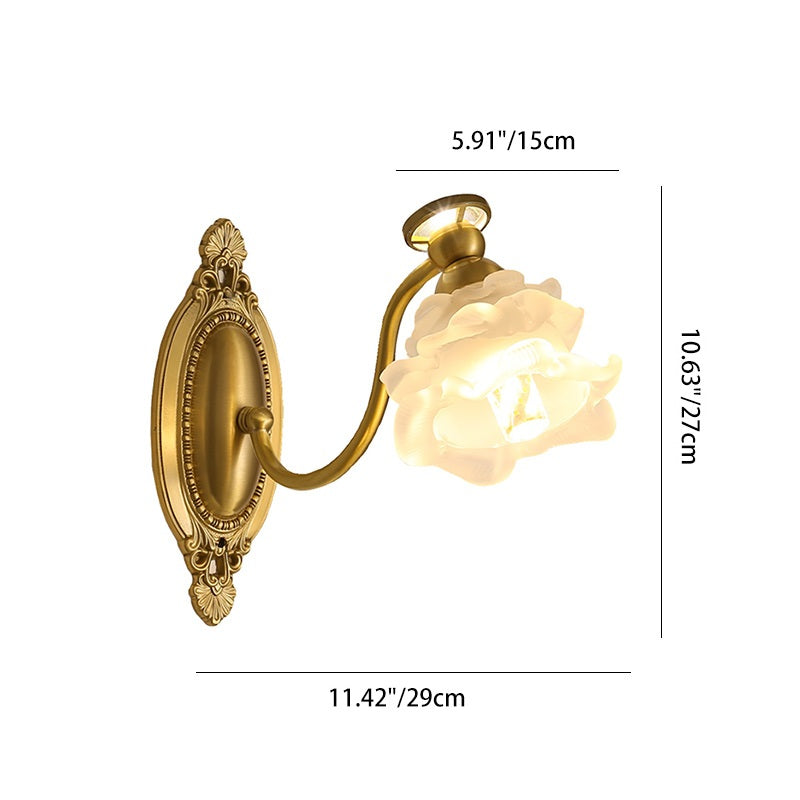 Traditional French Glass Faux Pearl Brass Floral Oval Curved 1-Light Wall Sconce Lamp For Bedroom & Living Room