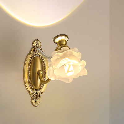 Traditional French Glass Faux Pearl Brass Floral Oval Curved 1-Light Wall Sconce Lamp For Bedroom & Living Room