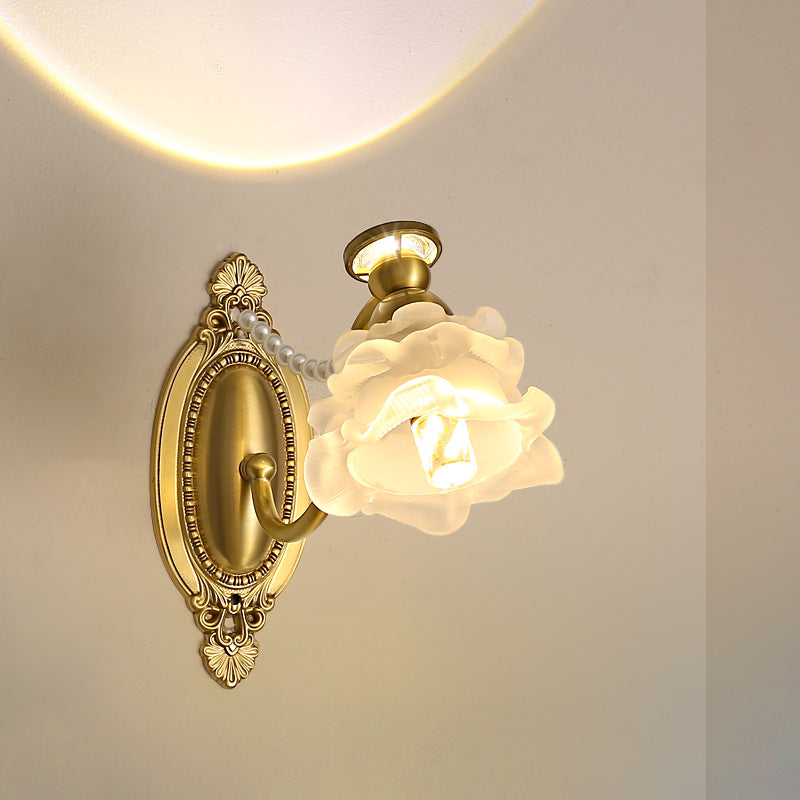 Traditional French Glass Faux Pearl Brass Floral Oval Curved 1-Light Wall Sconce Lamp For Bedroom & Living Room