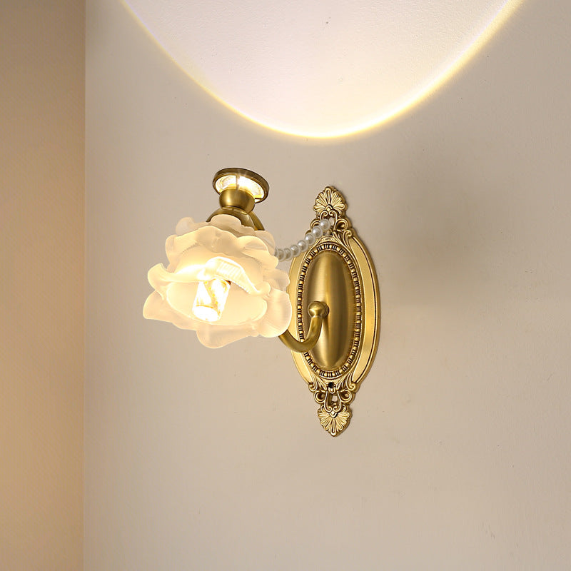Traditional French Glass Faux Pearl Brass Floral Oval Curved 1-Light Wall Sconce Lamp For Bedroom & Living Room