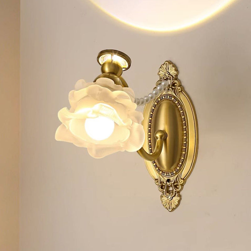 Traditional French Glass Faux Pearl Brass Floral Oval Curved 1-Light Wall Sconce Lamp For Bedroom & Living Room