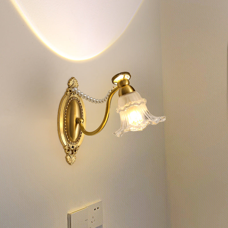 Traditional French Glass Faux Pearl Brass Floral Oval Curved 1-Light Wall Sconce Lamp For Bedroom & Living Room