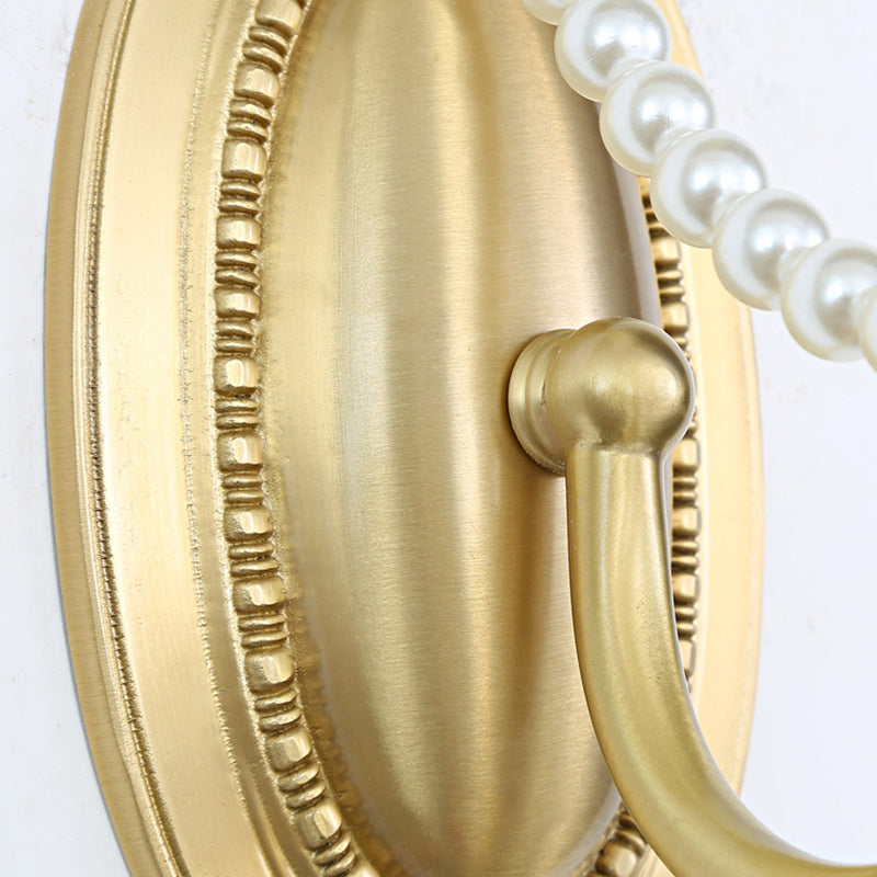 Traditional French Glass Faux Pearl Brass Floral Oval Curved 1-Light Wall Sconce Lamp For Bedroom & Living Room
