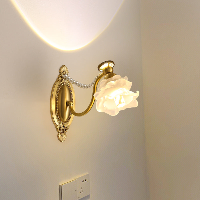 Traditional French Glass Faux Pearl Brass Floral Oval Curved 1-Light Wall Sconce Lamp For Bedroom & Living Room