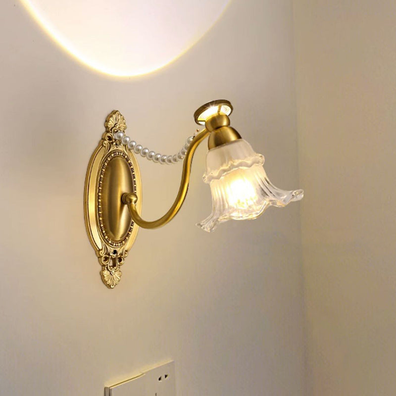 Traditional French Glass Faux Pearl Brass Floral Oval Curved 1-Light Wall Sconce Lamp For Bedroom & Living Room