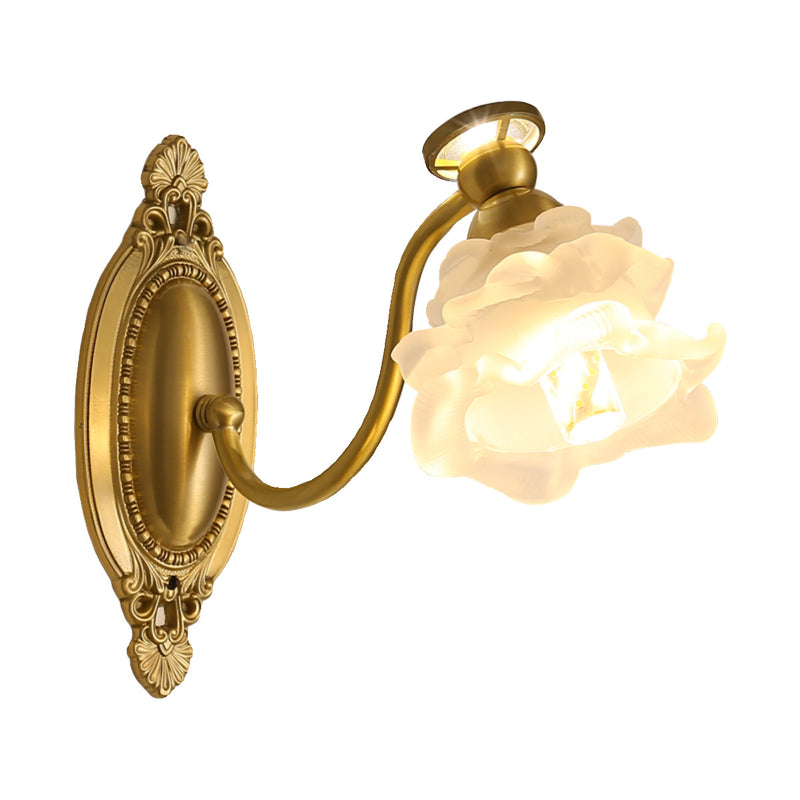 Traditional French Glass Faux Pearl Brass Floral Oval Curved 1-Light Wall Sconce Lamp For Bedroom & Living Room