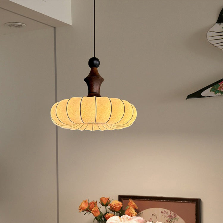 Traditional Vintage Faux Silk Solid Wood Metal Striped Flat Round 1-Light Pendant Light For Bedroom &amp; Living Room