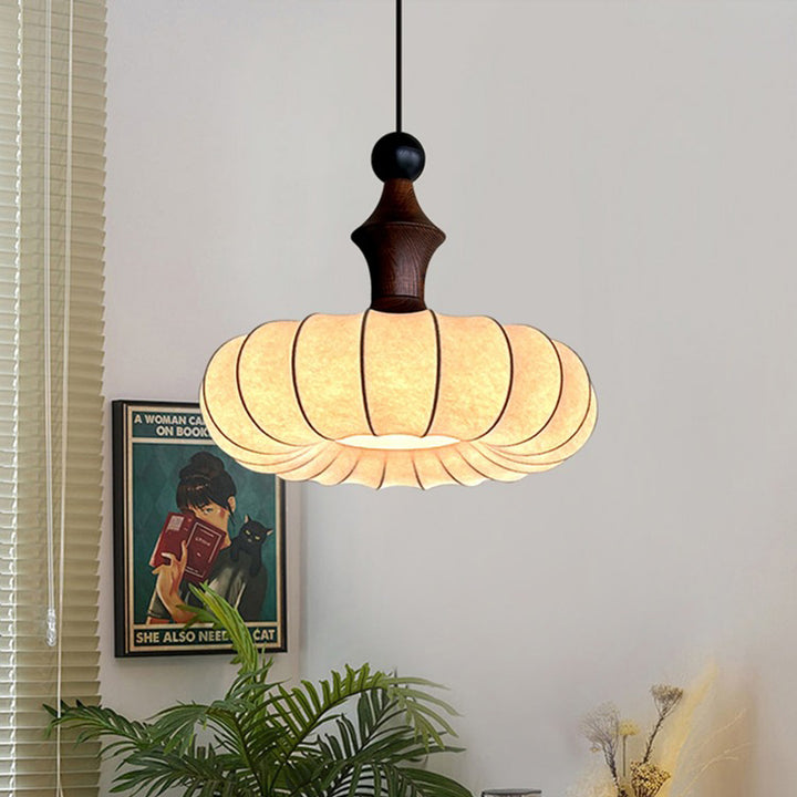 Traditional Vintage Faux Silk Solid Wood Metal Striped Flat Round 1-Light Pendant Light For Bedroom &amp; Living Room