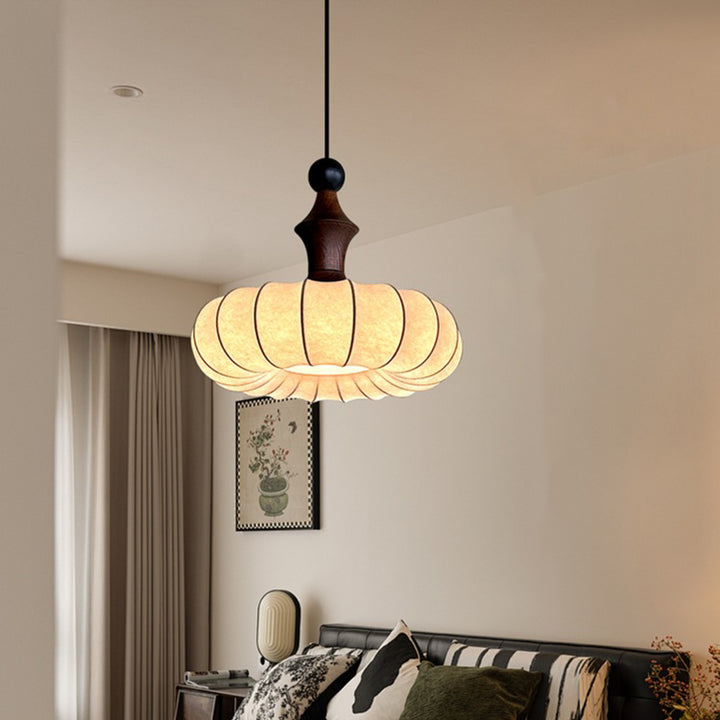 Traditional Vintage Faux Silk Solid Wood Metal Striped Flat Round 1-Light Pendant Light For Bedroom &amp; Living Room