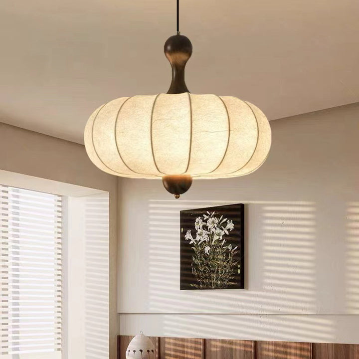 Traditional Vintage Faux Silk Solid Wood Metal Striped Flat Round 1-Light Pendant Light For Bedroom &amp; Living Room