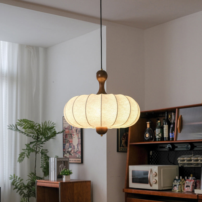 Traditional Vintage Faux Silk Solid Wood Metal Striped Flat Round 1-Light Pendant Light For Bedroom &amp; Living Room