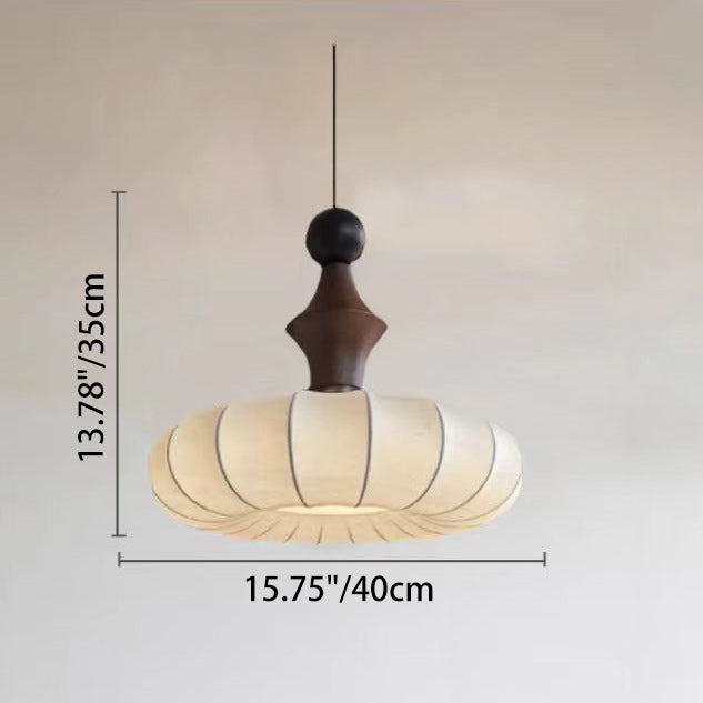 Traditional Vintage Faux Silk Solid Wood Metal Striped Flat Round 1-Light Pendant Light For Bedroom &amp; Living Room